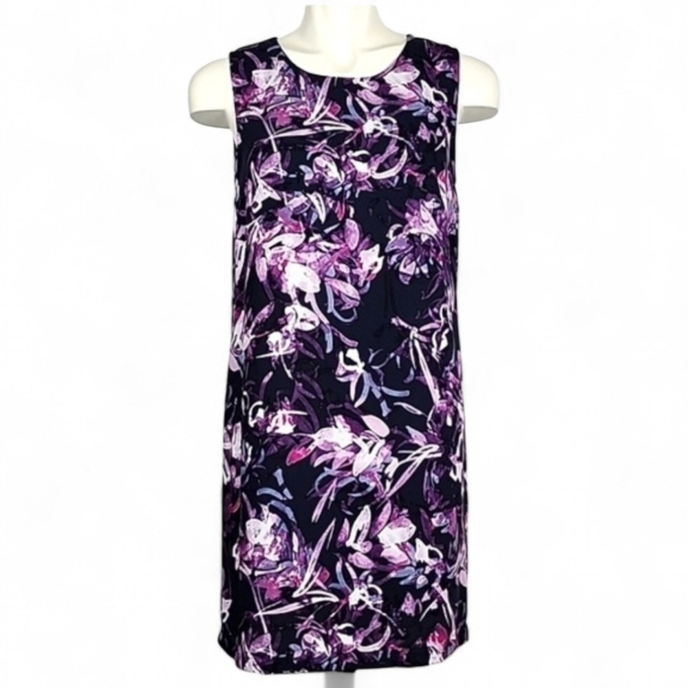 Adrienne Vittadini Women Floral Lightweight Sleeveless Shift Dress Purple Navy 6